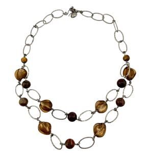 925 Red Jasper Amber Foil Glass Sterling Silver Double Strand Bead 18” Necklace